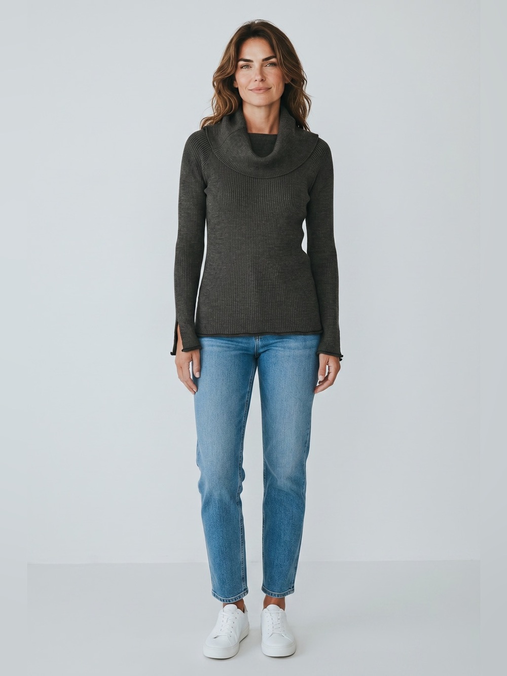 Zara Cowl Neck Italian Yarn Ribbed Sweater //  Forrest Green // Small
